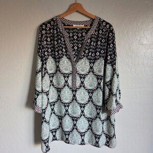 Rose + Olive Split V-Neck Boho Print Tunic Top Black/Green Women's 2X 3/4 Sleeve